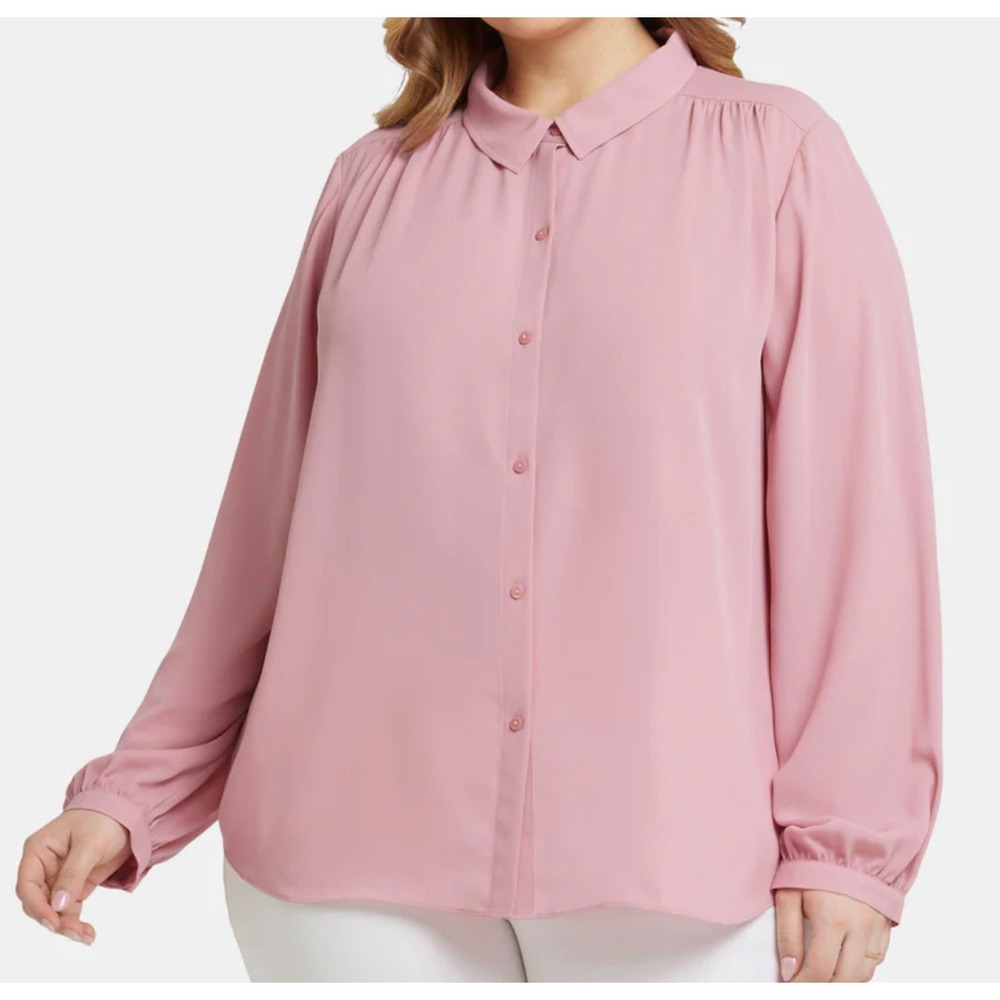 NYDJ Aphrodite Mauve Pink MODERN BLOUSE TOP Button-Up Crepe GATHERED TRIM sz XL